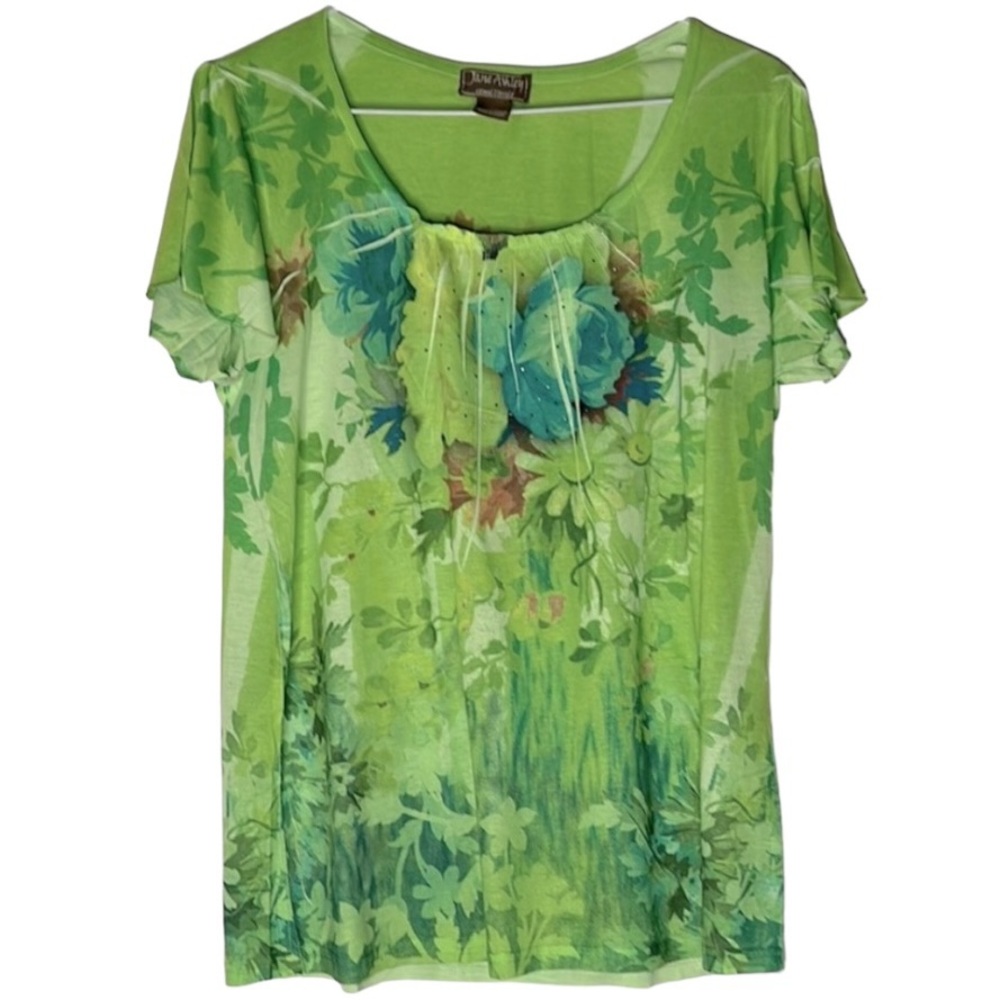 Jane Ashley Women Top M Green Floral Artsy Short Sleeves Embellished